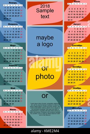 A colorful calendar for 2018 Stock Vector