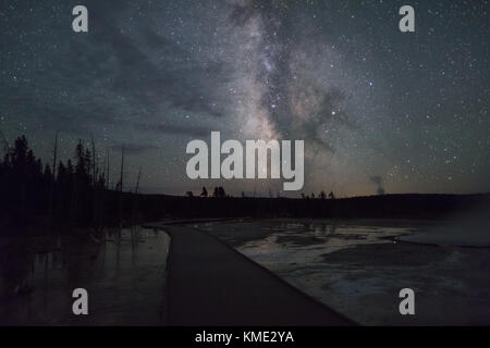 The Milky Way constellation sits in the night sky over the boardwalk at the Fountain Paint Pots mud pot in Lower Geyser Basin at Yellowstone National Park July 28, 2017 in Wyoming.  (photo by Jacob W. Frank via Planetpix) Stock Photo