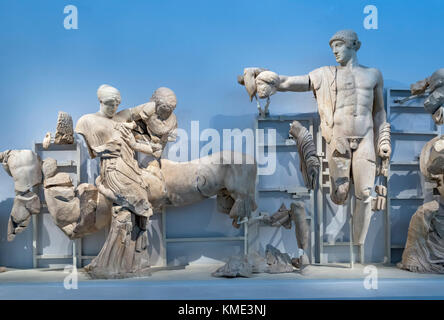 Sculptures from the west pediment of the Temple of Zeus, Archaeological Museum of Olympia, Olympia, Pelopponese, Greece Stock Photo