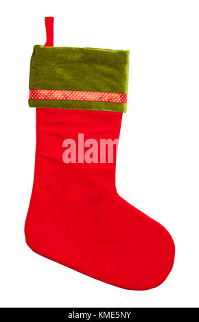 Red and Green Velvet Christmas Stocking Isolated on a White Background. Stock Photo