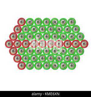 Arrow to the left of the red battery on the background of green batteries, top view, white background, icon, isolated Stock Photo
