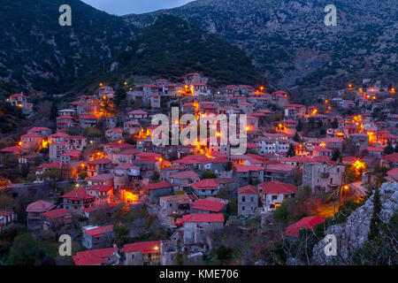 Evening view of Stemnitsa, a beautiful traditional village in mountainous region of Gortynia, in Arcadia, central Peloponnese, Greece. Stock Photo