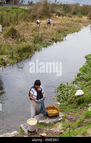 Ecuador South America - village scene, northern Ecuador, indigenous woman washing clothes in a river, Ecuador, South America Stock Photo