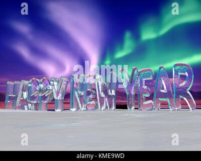 3D rendering of Icy Happy New Year words placed on ice surface against Aurora Borealis sky Stock Photo