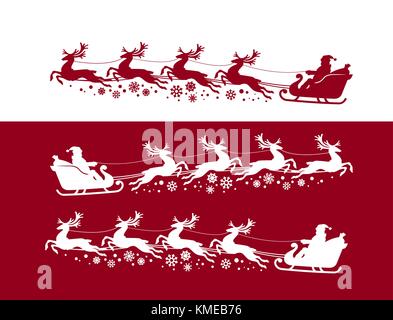 Santa Claus in sleigh with reindeer. Christmas, xmas concept. Silhouette vector illustration Stock Vector
