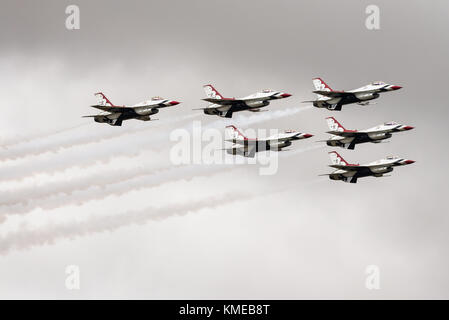 The USAF military formation team Thunderbirds in flight at the Royal International Air Tattoo 2017, Faiford. Stock Photo