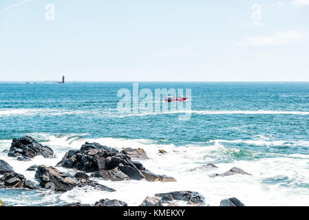 Cape Elizabeth, USA - June 10, 2017: Fort Williams park in Cape, Elizabeth Maine during summer day with red tour boat by Ram Island Stock Photo