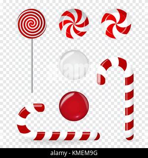 Sweet candy of various forms (cane, circle on stick) and flavors on transparent background. Decoration for the new year. Vector Illustration. Stock Vector