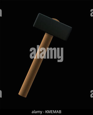 Sledgehammer - heavy hammer with large metal head - upright standing basic hand tool with wooden handle - illustration on black background. Stock Photo