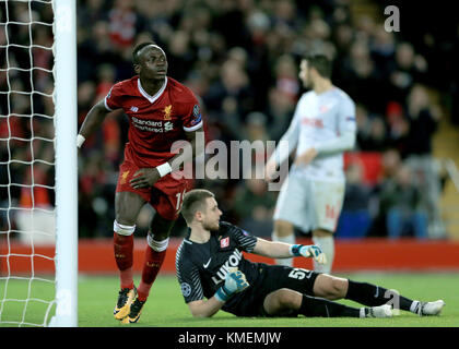 Liverpool's Sadio Mane celebrates scoring his sides sixth goal during the UEFA Champions League, Group E match at Anfield, Liverpool. Stock Photo