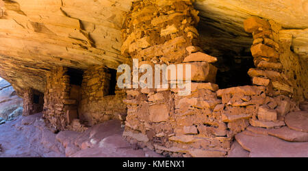 Panoramic image of the abandoned Anasazi ruins called 'House on Fire,' in Mule Canyon, Comb Ridge, San Juan County, Utah, USA. Stock Photo