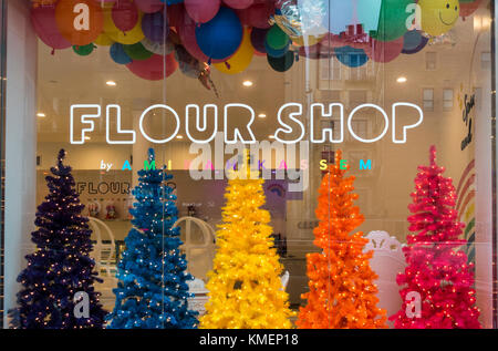 Holiday fir tree display at Flour Shop by Amirah Kassem in SoHo, New York City Stock Photo