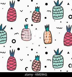 Geometric Flat And Cute Hand Drawn Pineapples Pattern. Stock Vector