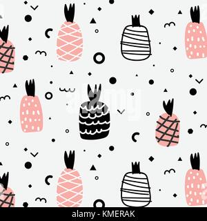 Geometric Flat And Cute Hand Drawn Pineapples Pattern. Stock Vector