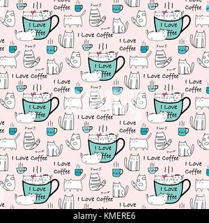 I Love Coffee Typography With Cute Cat Hand Drawn Vector Pattern. Stock Vector