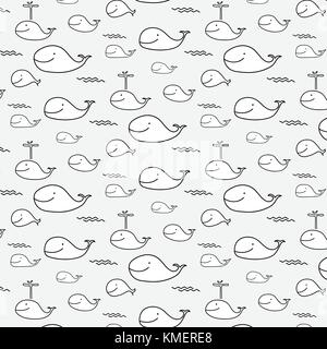 Hand Drawn Cute Whale Vector Pattern. Stock Vector