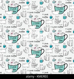 I Love Coffee Typography With Cute Cat Hand Drawn Vector Pattern. Stock Vector