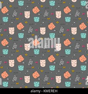 Cute Cat Hand Drawn Vector Pattern. Stock Vector