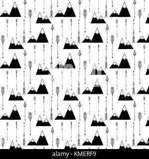 Pattern With Hand Drawn Tribal Arrow And Mountains. Stock Vector