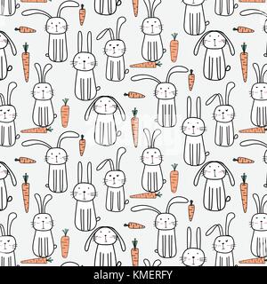 Vector Pattern With Hand drawn Cute Bunnies And Carrots. Stock Vector