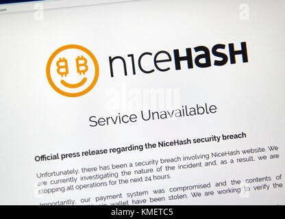 MONTREAL, CANADA - DECEMBER 7, 2017: Nicehash security breach press release on home webpage. NiceHash is a crypto-mining marketplace that connects sel Stock Photo