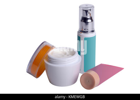 Three multi-colored cosmetic containers isolated on white Stock Photo