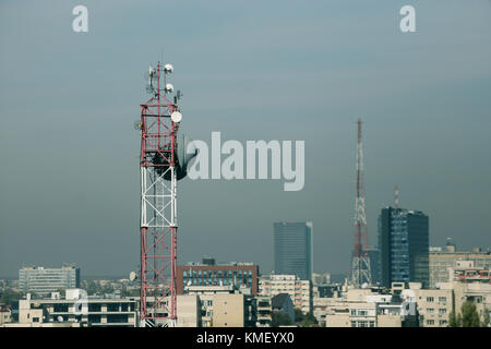 Telecom antennas on a metallic pole Stock Photo