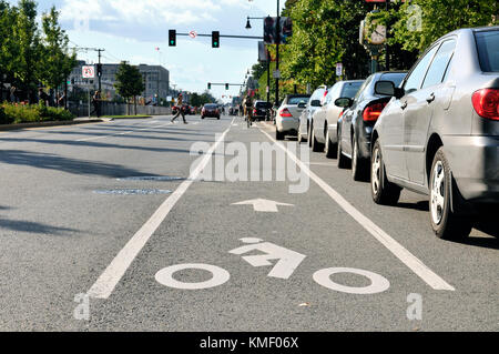Bike lane in city street. Cyclist symbol painted on pavement, bikers commuting, cars on parking lanes, traffic light, people crossing on crosswalk