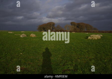 Kingston Russell Stone Circle., on a hilltop overlooking Abbotsbury and the sea. The Macmillan Way. long-distance footpath. England. UK. Stock Photo