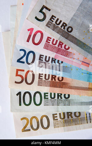 UE currency - five euro note (€5), ten euro note (€10), twenty euro note (€20), fifty euro note (€50), one hundred euro note (€100) and two hundreds e Stock Photo