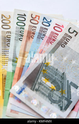 UE currency - five euro note (€5), ten euro note (€10), twenty euro note (€20), fifty euro note (€50), one hundred euro note (€100) and two hundreds e Stock Photo