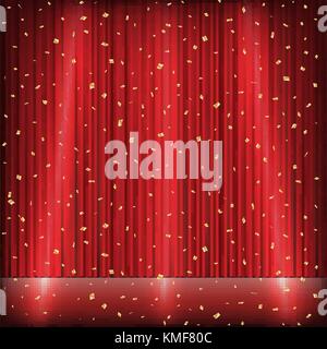 red curtain stage with light and gold confetti Stock Vector