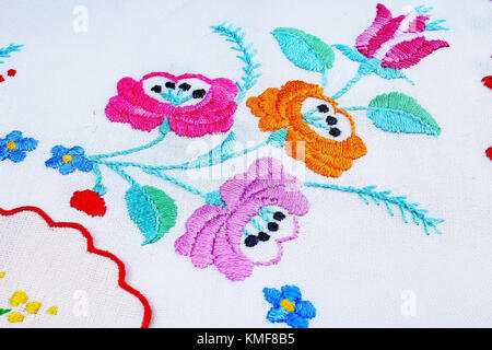 Floral handwork embroidery closeup photo. Hobby patchwork texture pattern closeup. Stock Photo