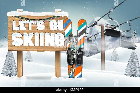 let's go skiing wood board sign and ski equipment Stock Vector