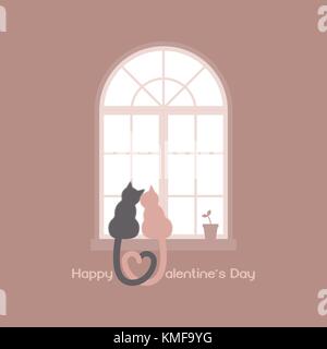 Two cats with heart shaped tails sitting on a windowsill in a room, cuddling each other and looking out a classic arched window in the daytime with pl Stock Vector