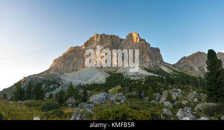 Lagazuoi in the evening light, Passo di Falzarego, Dolomites, Ampezzo Alps, Great Dolomites Road, South Tyrol Stock Photo