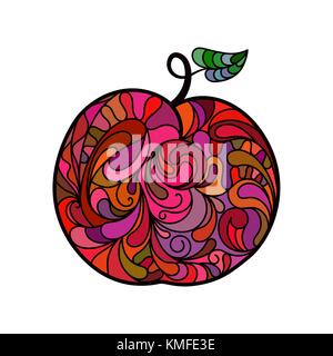 Apple hand drawing filled with decorative ornamental pattern in doodle style. Colorful  illustration isolated on white background Stock Vector