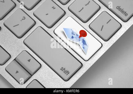 Map and pin on return key Stock Photo