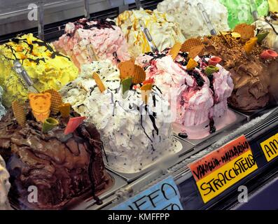 Italian ice cream varieties in summer holiday resort town of Sirmione on Lake Garda, Lombardy, Italy Stock Photo