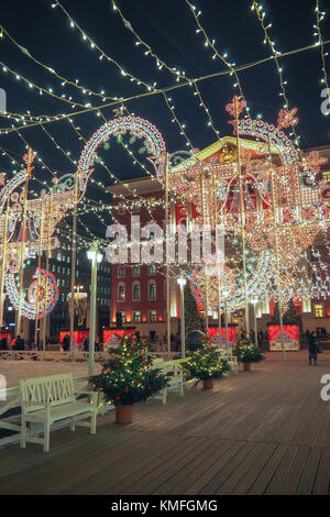 New Year and Christmas decorations and lights in the streets of Moscow, Russia.