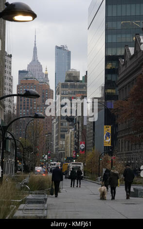 Bowery Street with Cooper Square and skyline of midtown Manhattan in background.New York City.USA Stock Photo