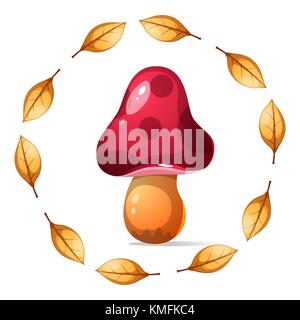 Cartoon mushroom. Circle Frame, leaf. Stock Vector