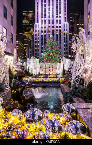 Christmas Tree and Christmas decorations at Rockefeller Center, New York City Stock Photo