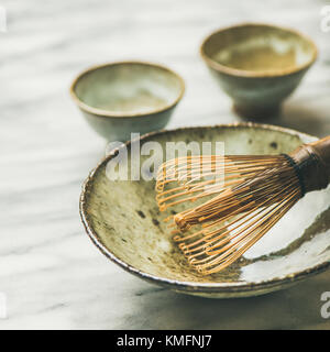 Japanese tools and bowls for brewing matcha green tea Stock Photo