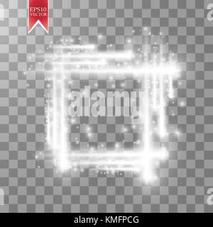 Abstract luxury white vector light flare spark light effect. Sparkling glowing square frame on transparent. Starlight moving background. Glow blurred space for message or logo. Stock Vector