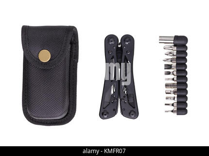 Set of black multitool, set of bits for it and cover on white background. Multitool is a universal tool for various kinds of work, which is always at  Stock Photo