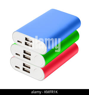 Three color portable chargers lie on one on one isolated on white background.  Green, red, blue powebanks for charging gadgets: phones, tablets, etc. Stock Photo