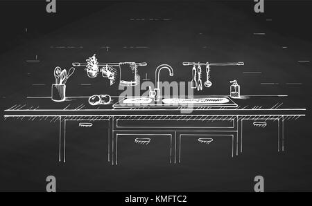 Kitchen sink. Kitchen worktop with sink and drawn on a chalkboard.. The sketch of the kitchen Stock Vector