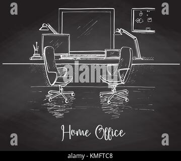 Sketch the room hand drawn in chalk on a chalkboard. Two office chairs, desk, various objects on the table. Sketch workspace. Desk facing the window.  Stock Vector