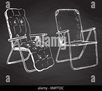 Two folding chairs hand drawn chalk on a chalkboard. Vector illustration in a sketch style Stock Vector